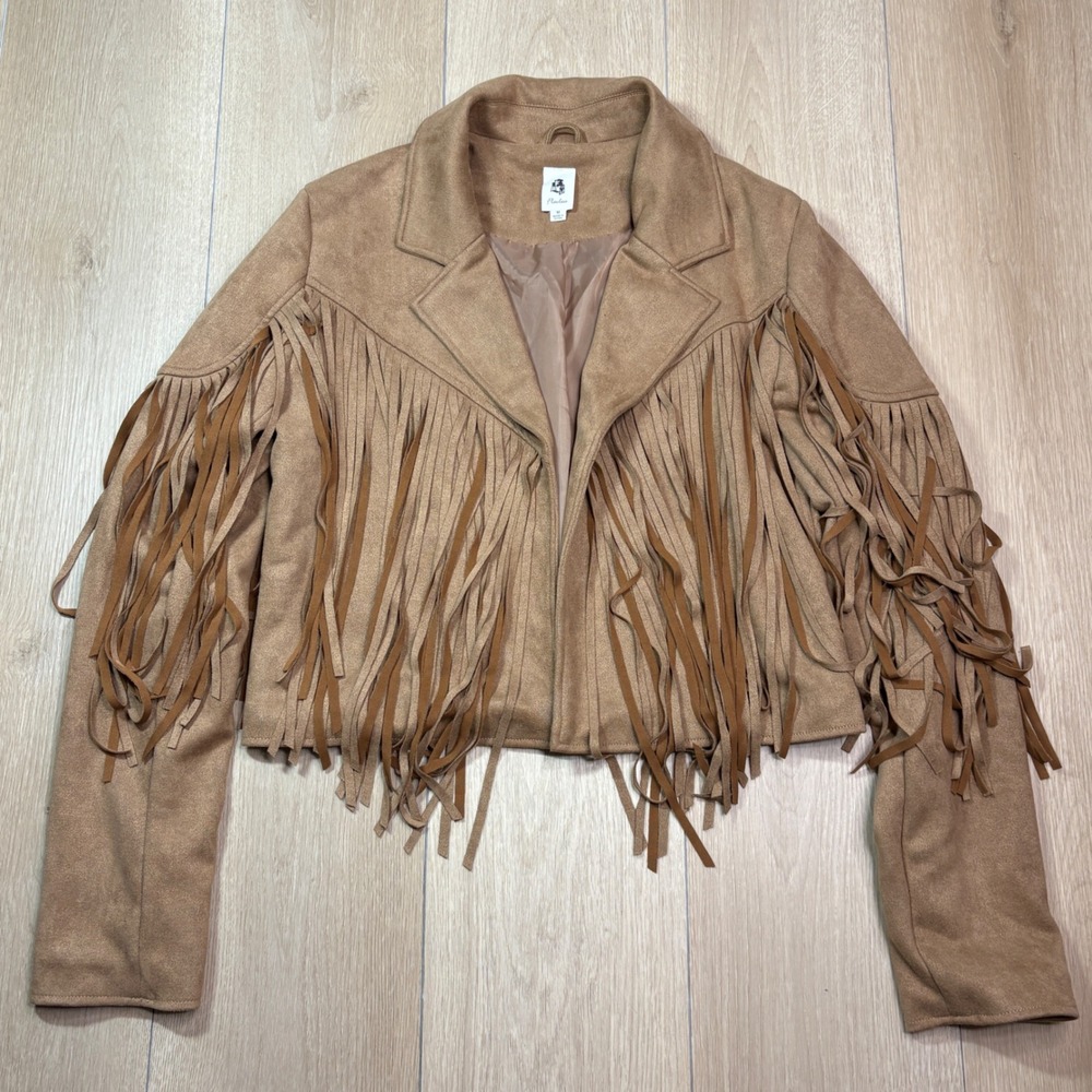 Flawless Faux Suede Fringe Western Jacket Tan Camel Cropped Boho Festival M